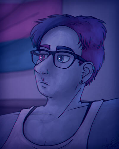A drawn picture of a human character with pale blue skin, blue and purple hair and dark blue glasses. They are wearing a white tank top and have a minor amount of facial hair.