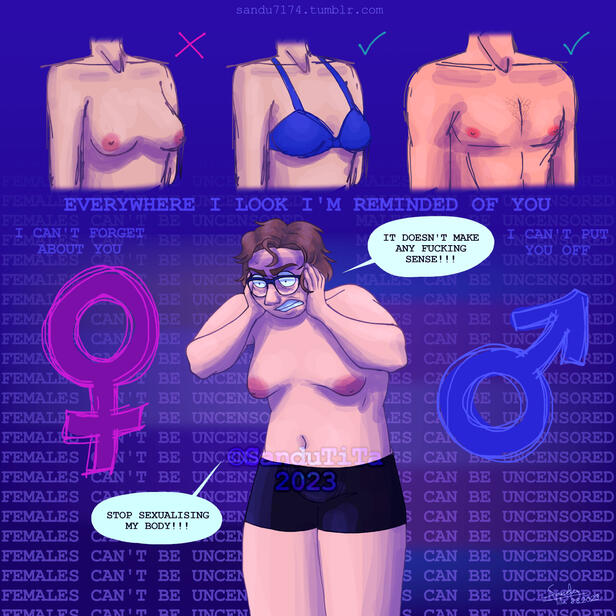 A digital painting of a nonbinary transmasc character wearing nothing but black underwear and glasses. They're holding their face and anxiously shouting: "It doesn't make any fucking sense!!! Stop sexualising my body!!!" Above them are three disembodied ch